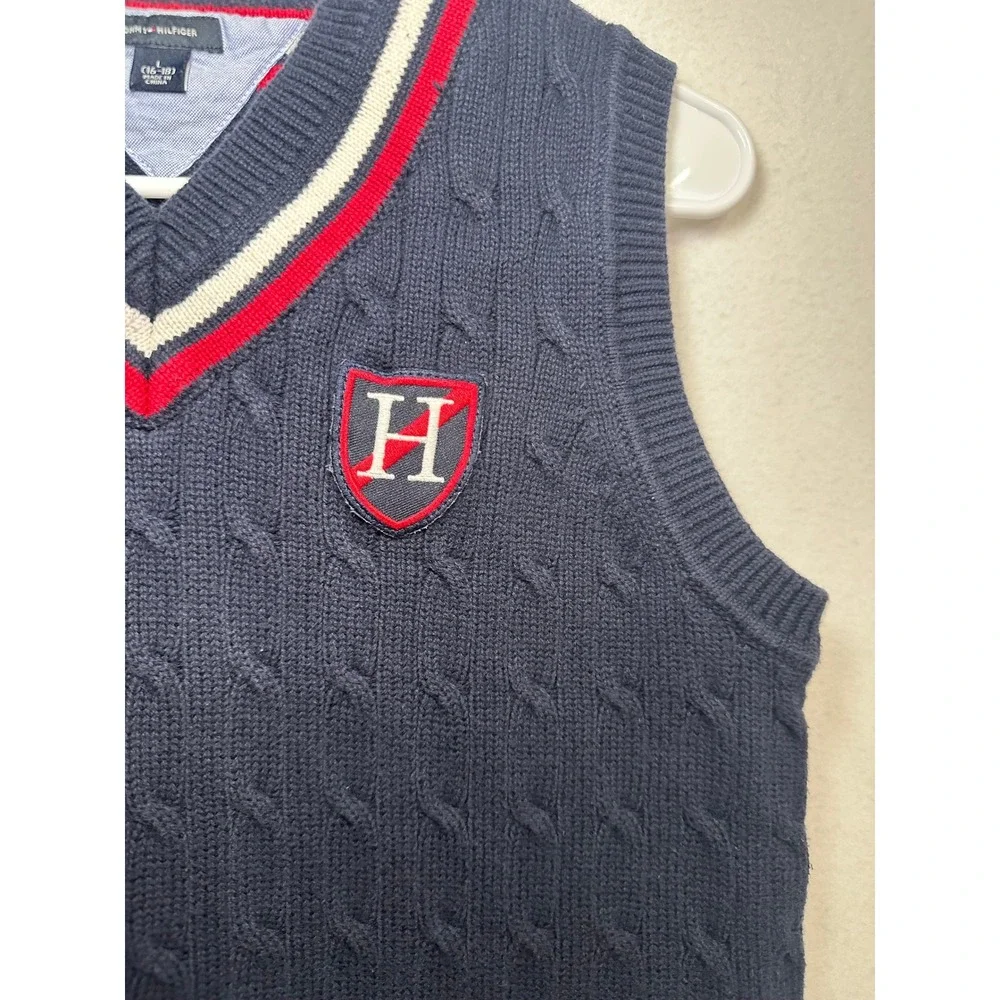 Tommy Hilfiger Boys Navy Cable Knit V-Neck Sweater Vest Striped‎ Trim Sz L 16-18